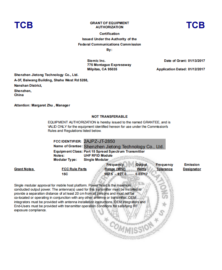 JT-2850 FCC certifikát
